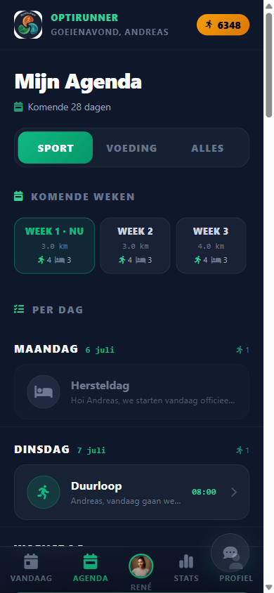 De 28-daagse agenda in OptiRunner met een training per dag